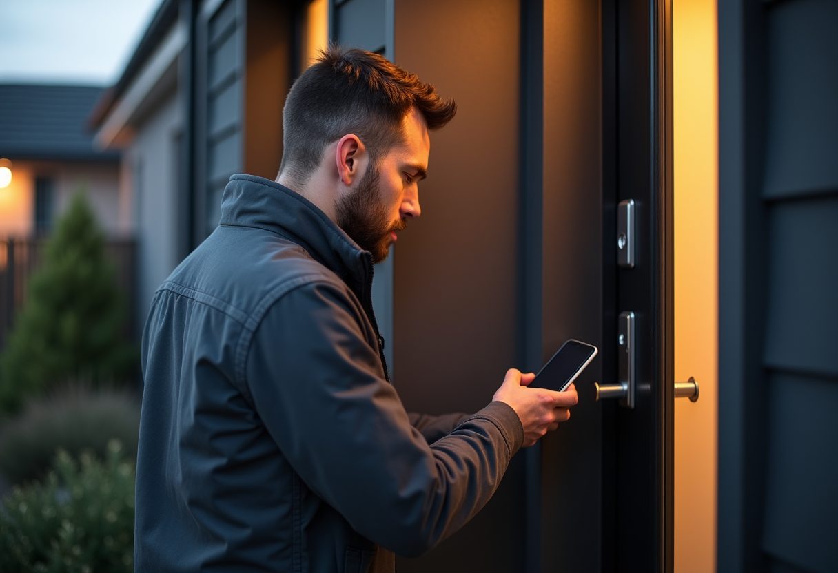 Keypad smart lock being installed on a modern front door — Lane Cove